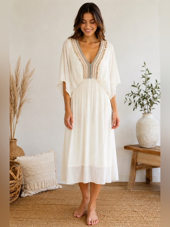 Bl^Nk London Dresses & Skirts - BL-nk London Anthropologie Boho Kaftan Midi Dress Embroidered Fringe Cream S